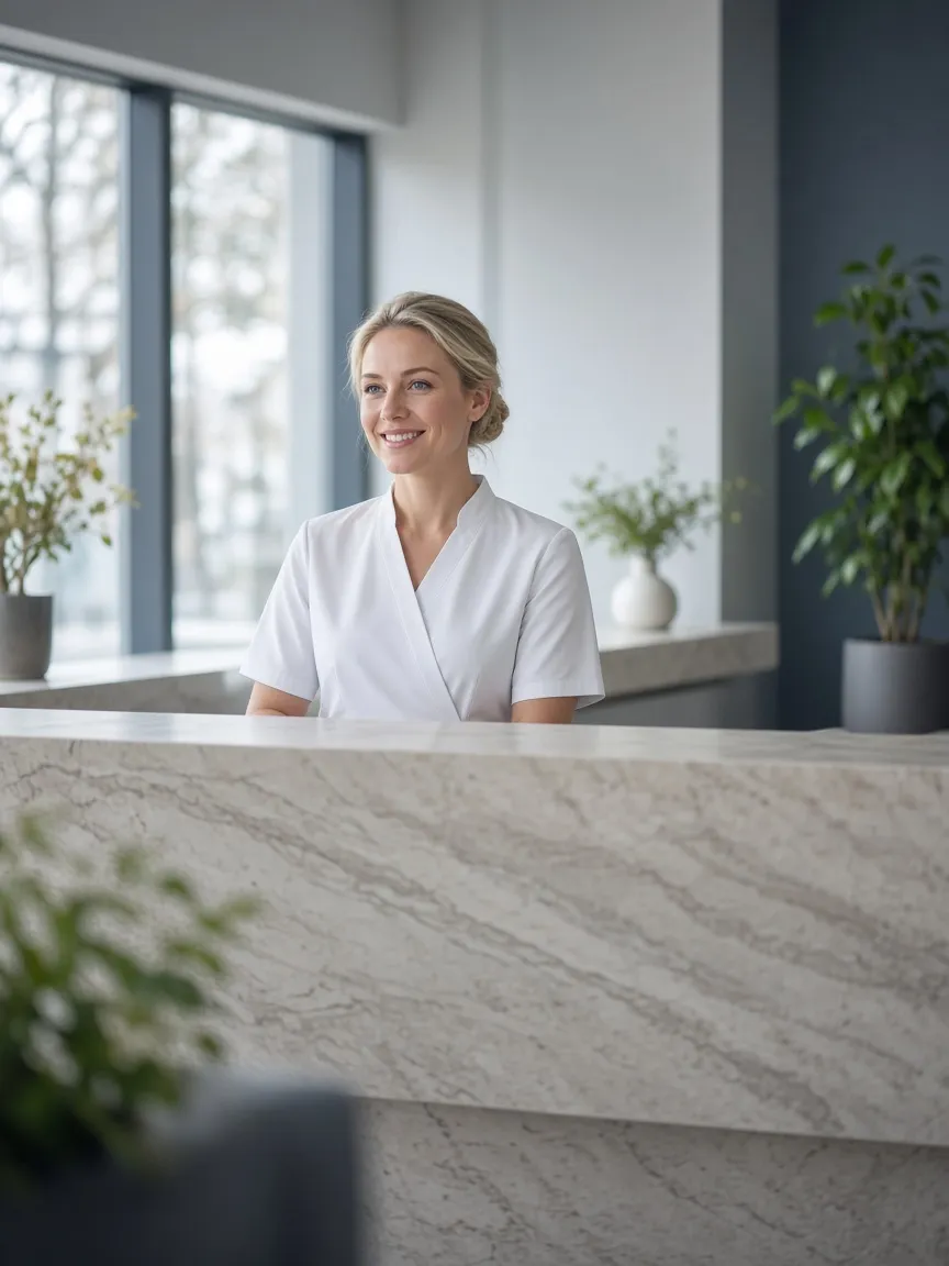 A receptionist smiling behind the front desk of a bright dental clinic