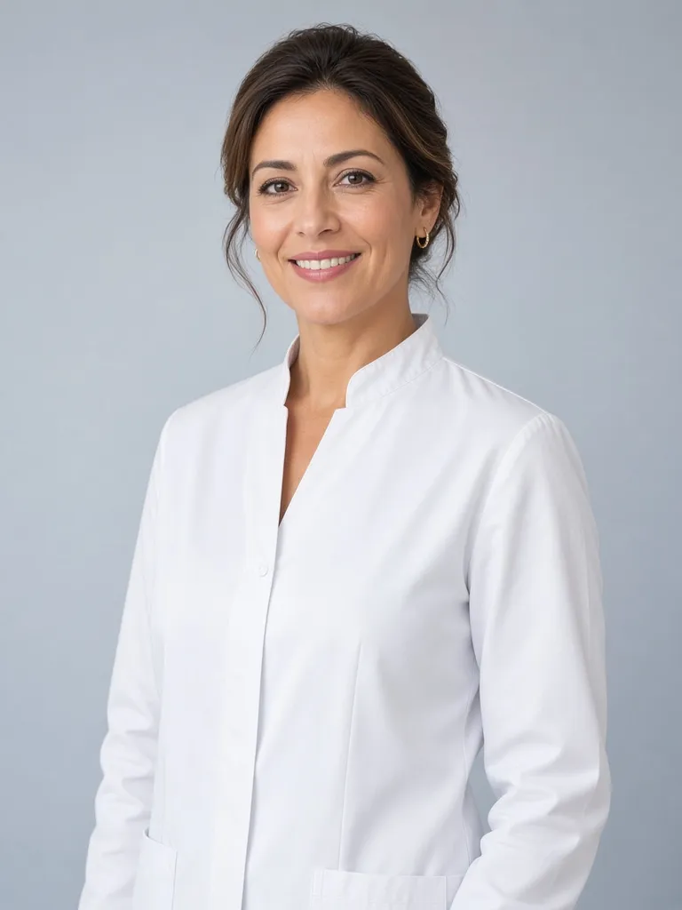 Portrait of Elena Navarro in a white clinical tunic