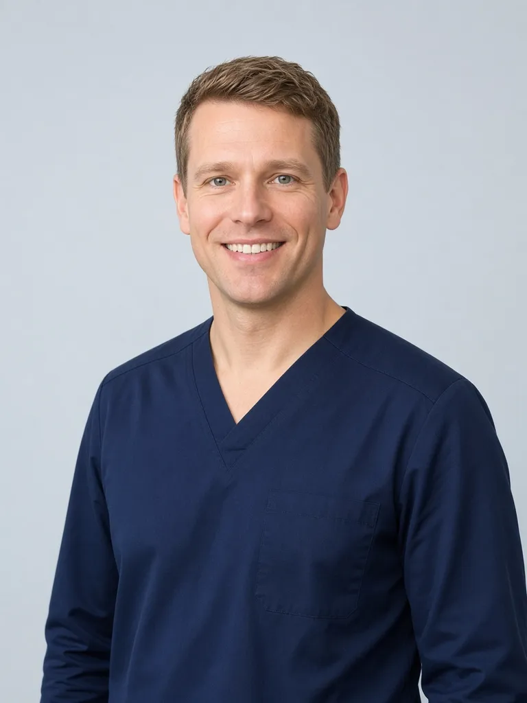 Portrait of Erik Lindgren in navy scrubs