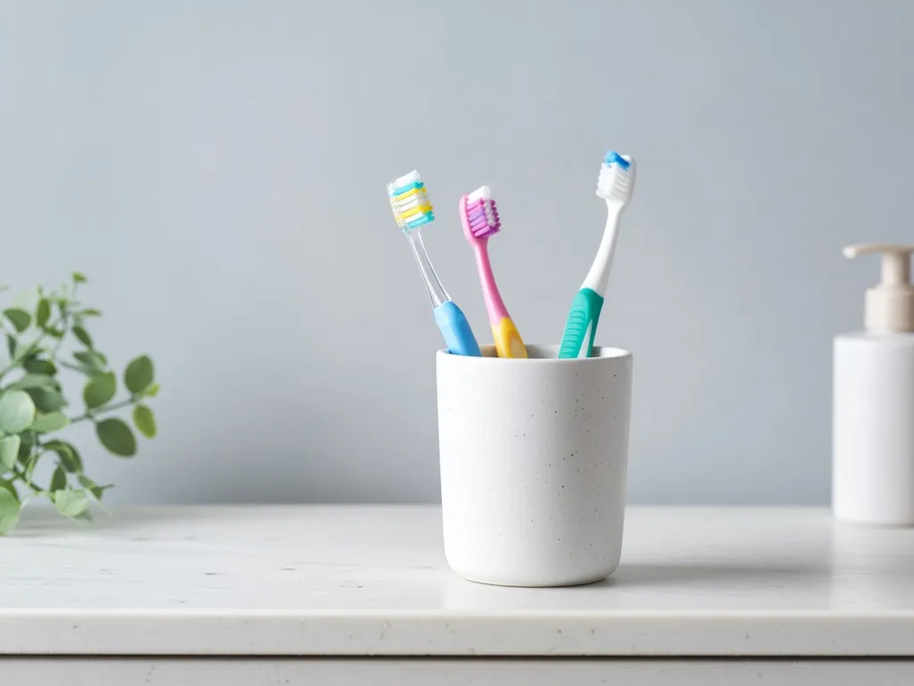 Two children's toothbrushes and an adult toothbrush in a white cup