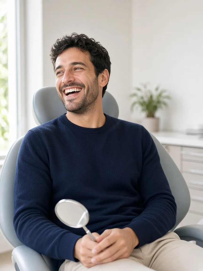 A patient laughing in the dental chair, holding a hand mirror