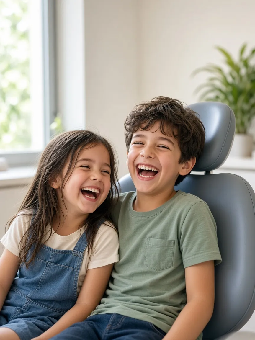 Two children laughing together on a dental chair