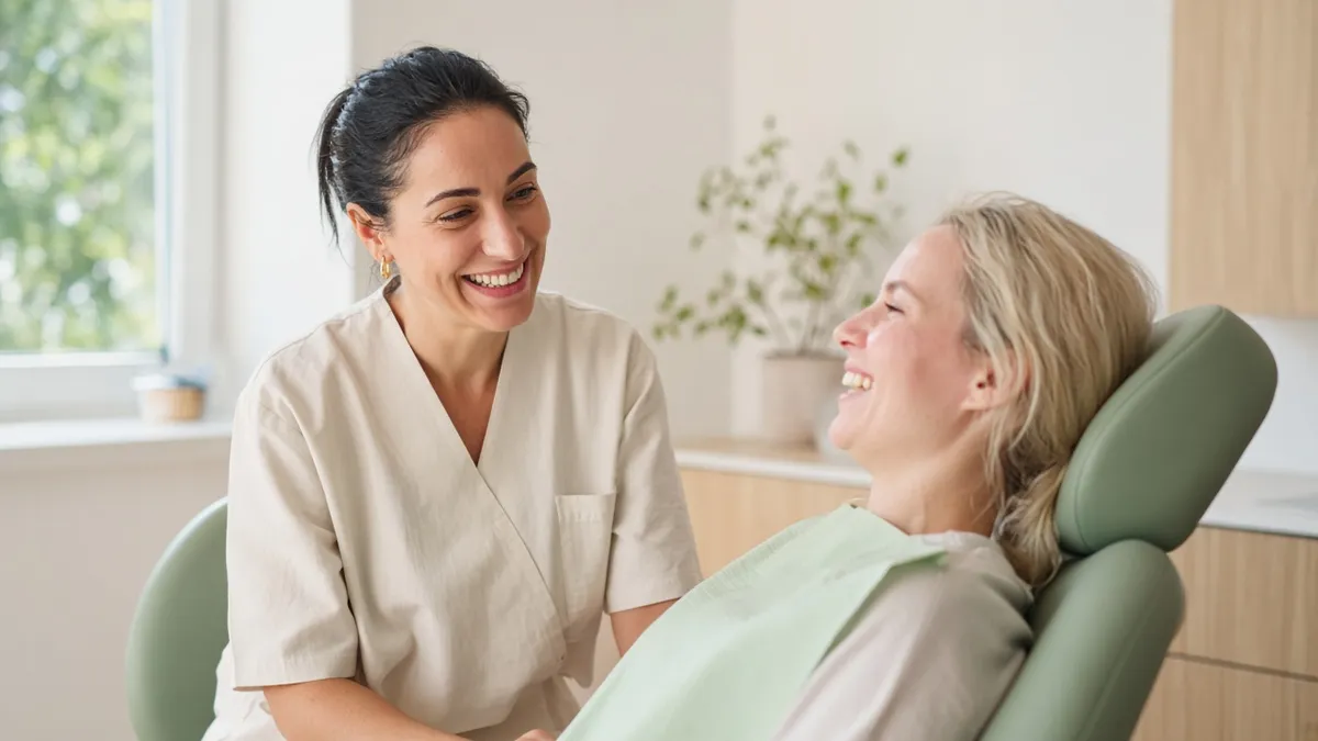 A dentist chatting with a smiling patient in a bright treatment room