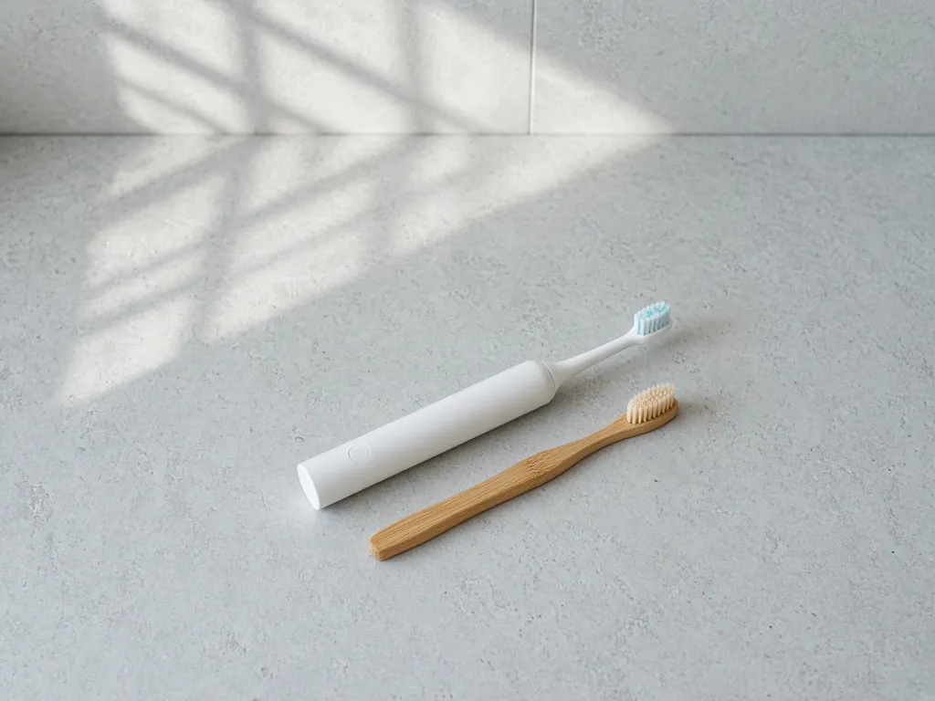 An electric toothbrush and a bamboo toothbrush on a stone counter