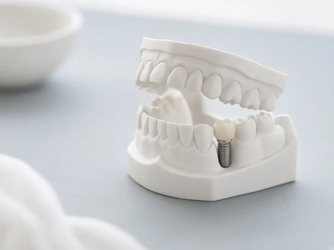 A dental model of a jaw showing a titanium implant with a crown