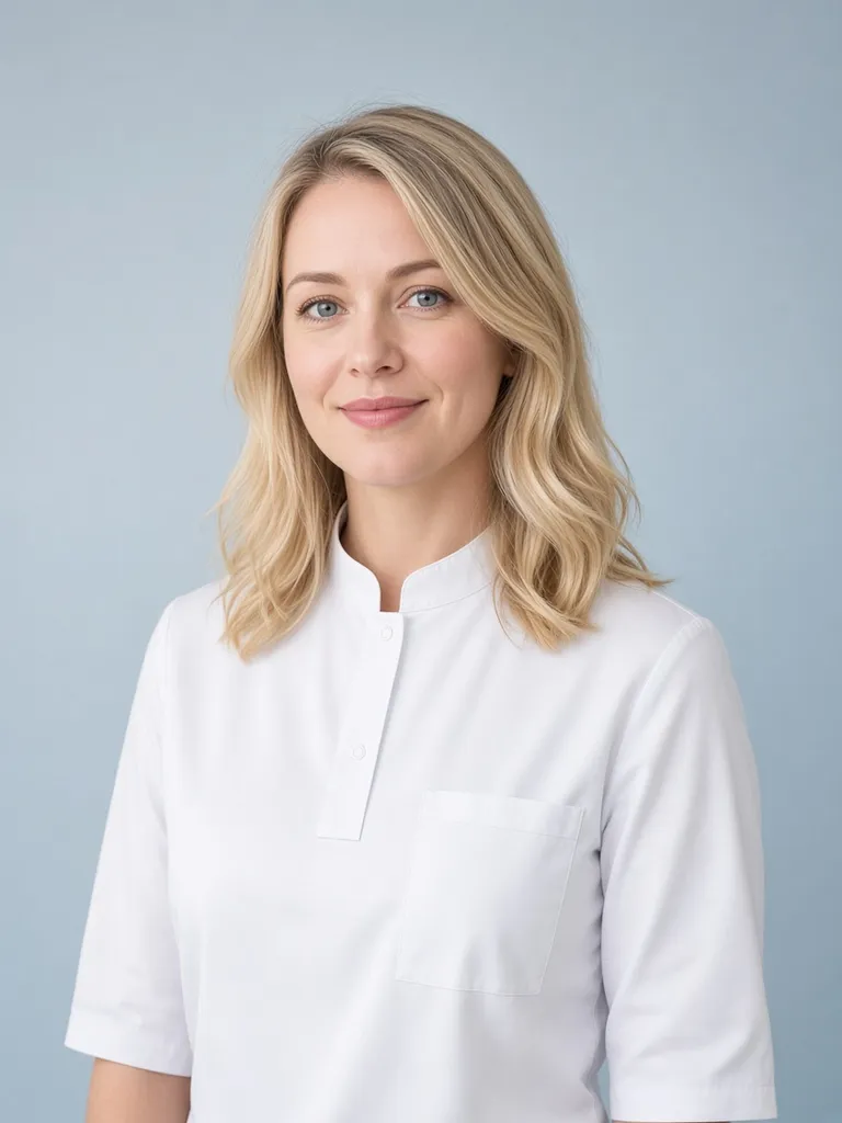 Portrait of Ingrid Solberg in a white clinical tunic