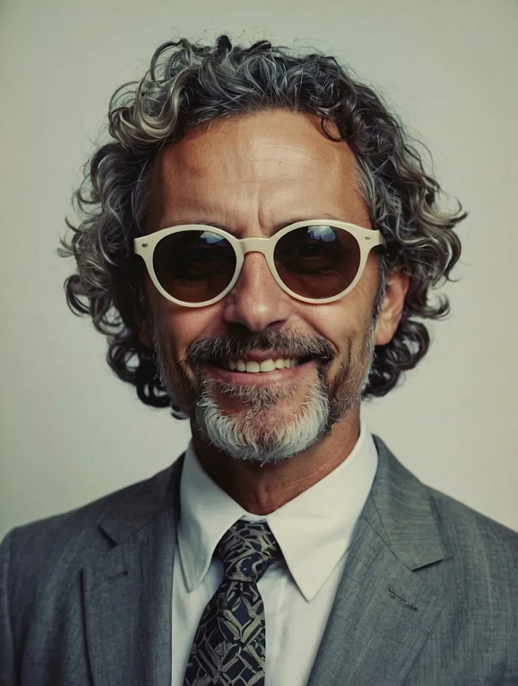 Portrait of Pablo Ortega in a grey suit and round sunglasses