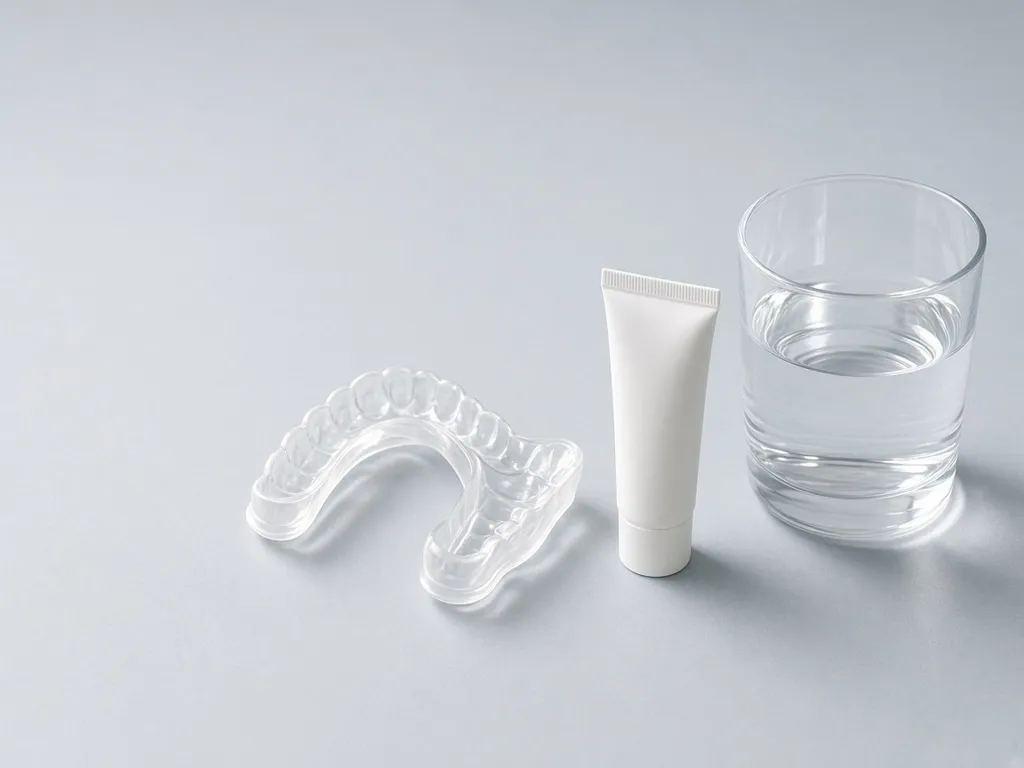 A clear whitening tray next to a white tube and a glass of water