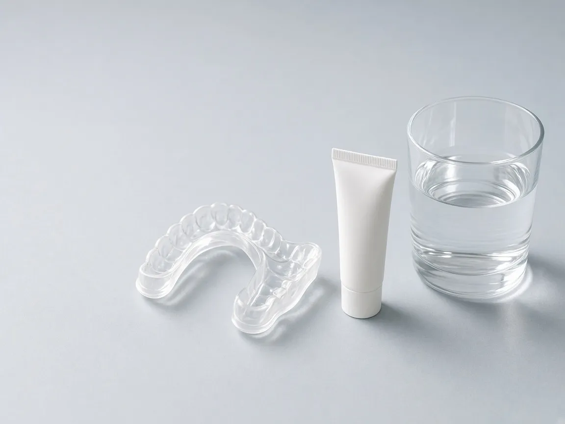 A clear whitening tray next to a white tube and a glass of water